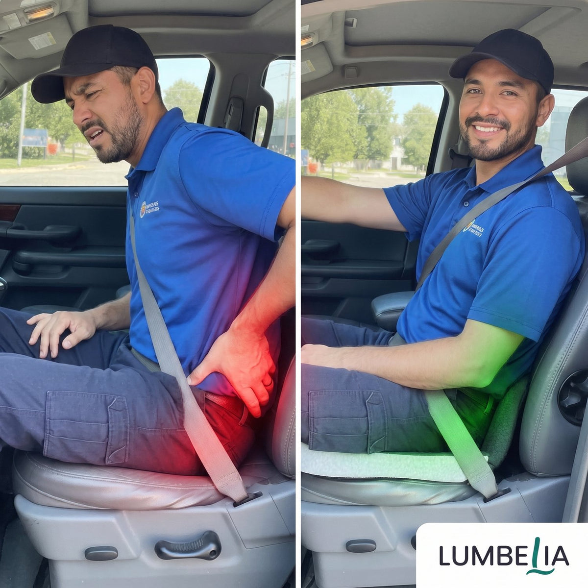 Antes y después: manejando sin y con el cojín Lumbelia